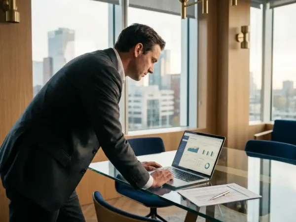 CFO in maatpak analyseert financieel dashboard op laptop aan glazen bureau met uitzicht op modern kantoor.