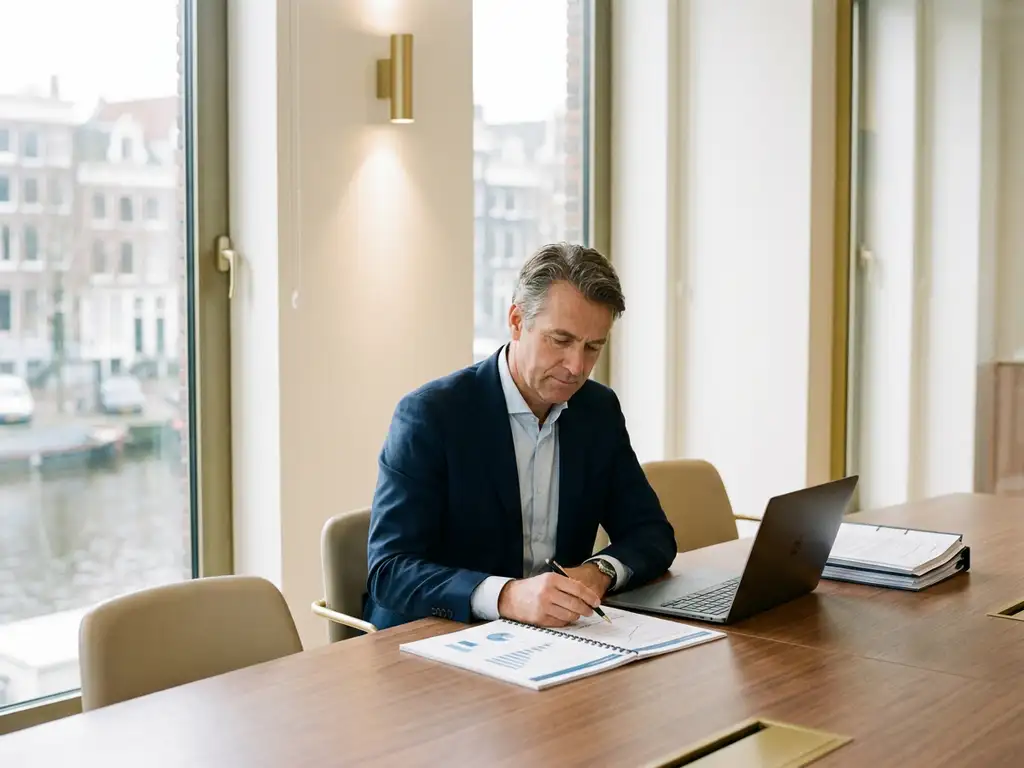 CFO in maatpak bestudeert financieel rapport aan vergadertafel in modern Amsterdams kantoor met vloer-tot-plafond ramen.