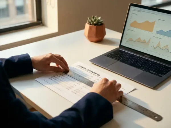 Professional legt stalen liniaal op financieel rapport aan minimalistische witte bureau met laptop met dashboardgrafieken.