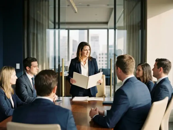 Professional presenteert financieel rapport aan bestuurders in glazen vergaderzaal met stadsgezicht, warm natuurlijk licht.