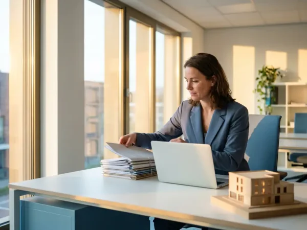Professional in modern Nederlands kantoor rangschikt financiële documenten en laptop op wit bureau, architectuurmodel en middagzon zichtbaar.