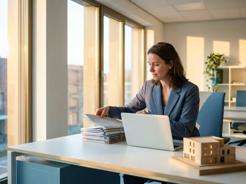 Professional in modern Nederlands kantoor rangschikt financiële documenten en laptop op wit bureau, architectuurmodel en middagzon zichtbaar.