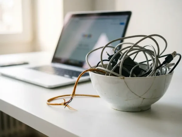 Gebarsten porseleinen kom vol verstrikte datakabels op wit bureau, met een rafelige kabel op de voorgrond en laptop op de achtergrond.