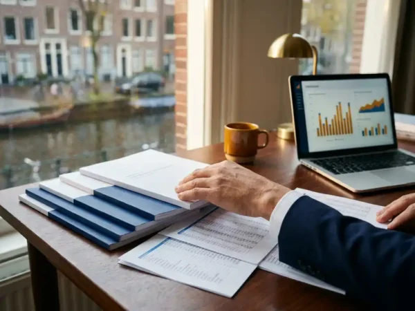 Data-analist ordent nauwkeurig gestructureerde spreadsheets en documenten op modern bureau met laptop, zakelijke kantooromgeving.