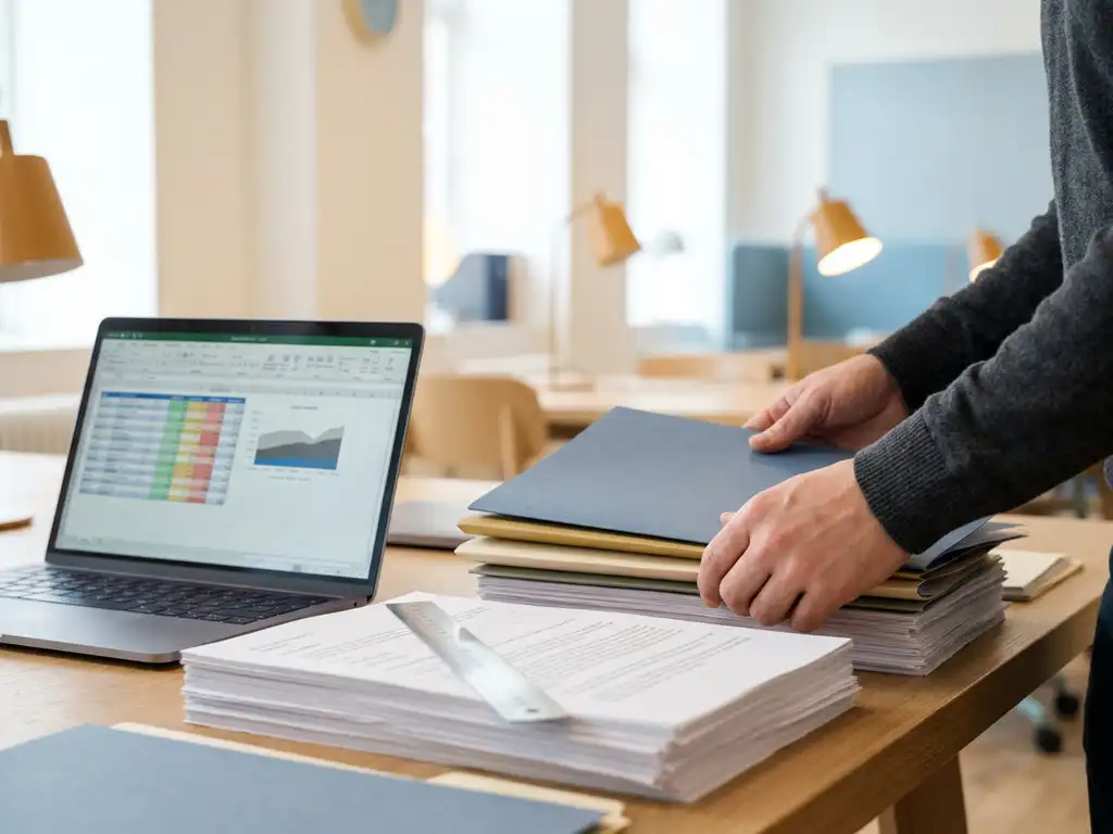 Data-analist ordent kleurgecodeerde mappen en documenten op modern bureau met open laptop met spreadsheets, liniaal op papieren.
