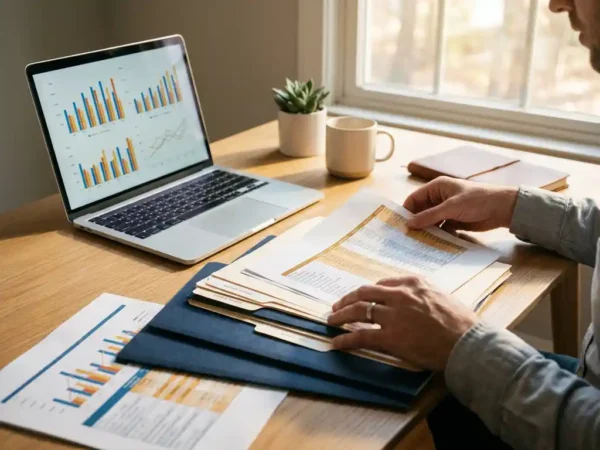 Data-analist sorteert fysieke mappen en spreadsheets op modern bureau met laptop met kleurrijke grafieken, warm natuurlijk kantoorlicht.