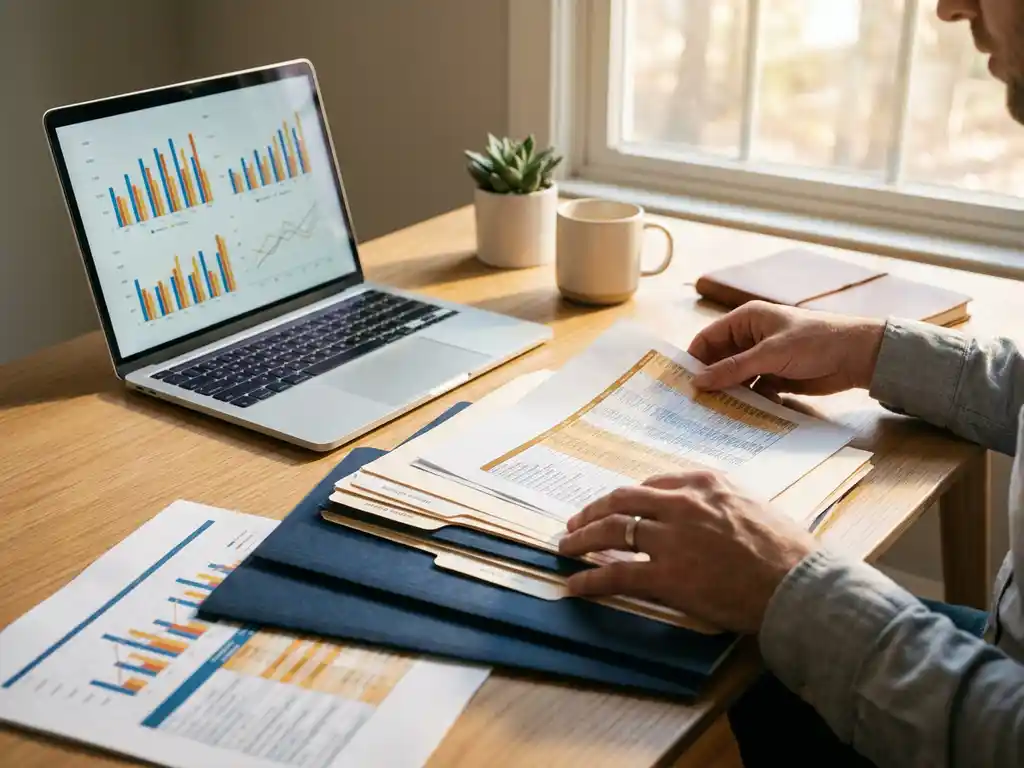 Data-analist sorteert fysieke mappen en spreadsheets op modern bureau met laptop met kleurrijke grafieken, warm natuurlijk kantoorlicht.