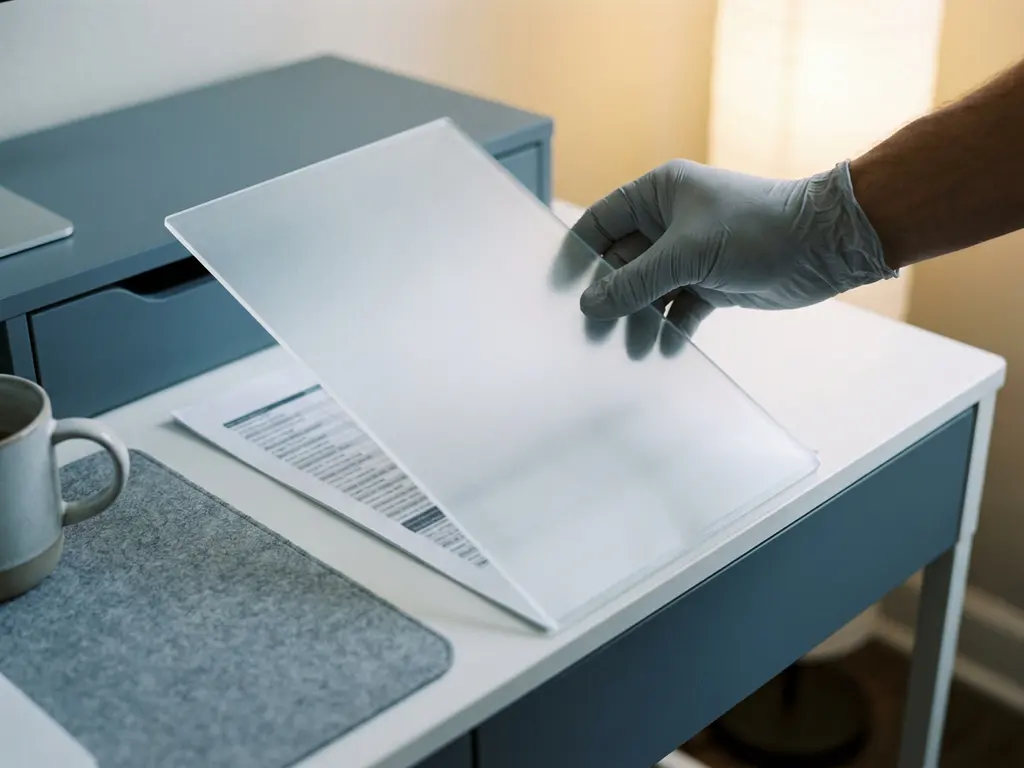 Gehandschoende hand die een matglazen paneel over een uitgeprint dataset legt, waardoor namen en gegevens worden afgeschermd.