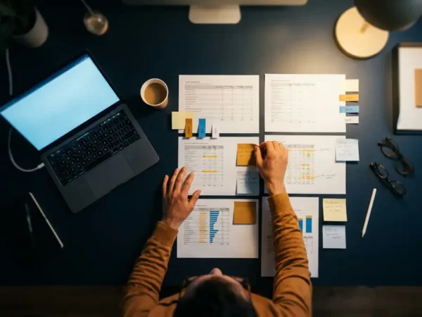 Analist ordent verspreide dataprintouts en sticky notes tot een gestructureerd raster op modern bureau, laptop verlicht de werkruimte zachtblauw.