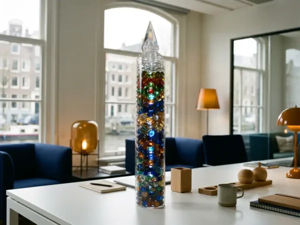 Glazen cilinder met gelaagde kleurrijke datapunten die uitkristalliseren, op wit bureau in modern Amsterdam kantoor met natuurlijk daglicht.