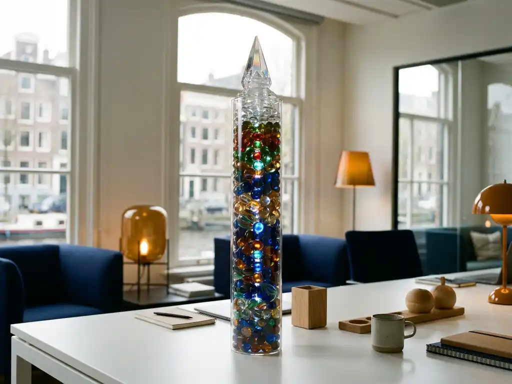 Glazen cilinder met gelaagde kleurrijke datapunten die uitkristalliseren, op wit bureau in modern Amsterdam kantoor met natuurlijk daglicht.