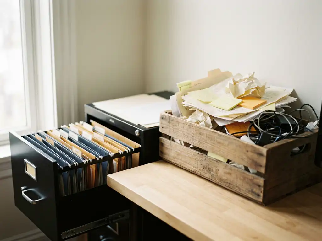 Georganiseerde archieflade met kleurgecodeerde mappen naast een overvolle houten krat met verfrommeld papier en kabels op een modern bureau.