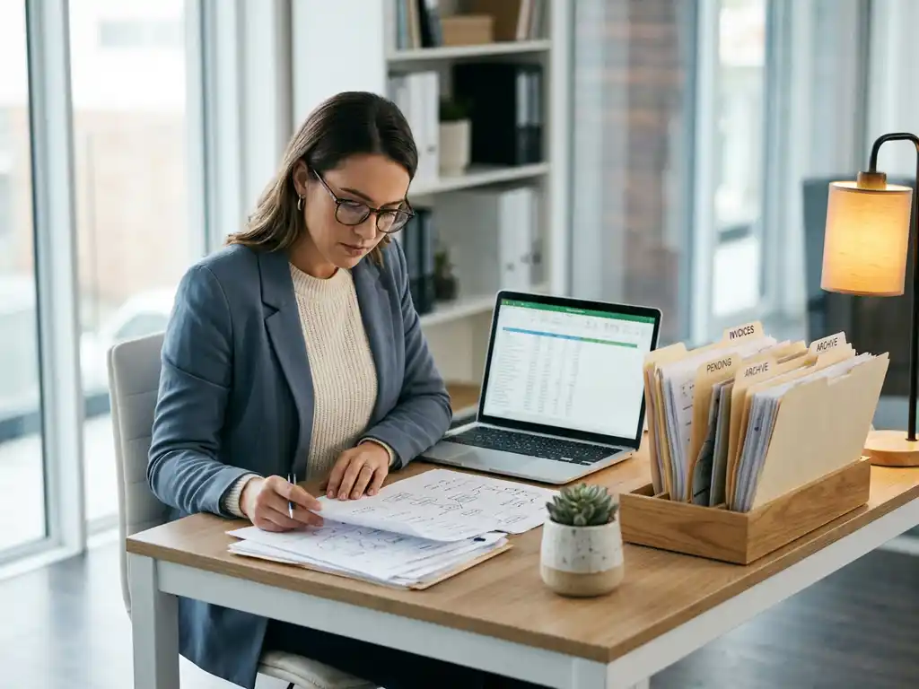 Professional aan modern bureau bestudeert workflowdocumenten naast laptop, georganiseerde mappen en kleine plant in zacht natuurlijk licht.
