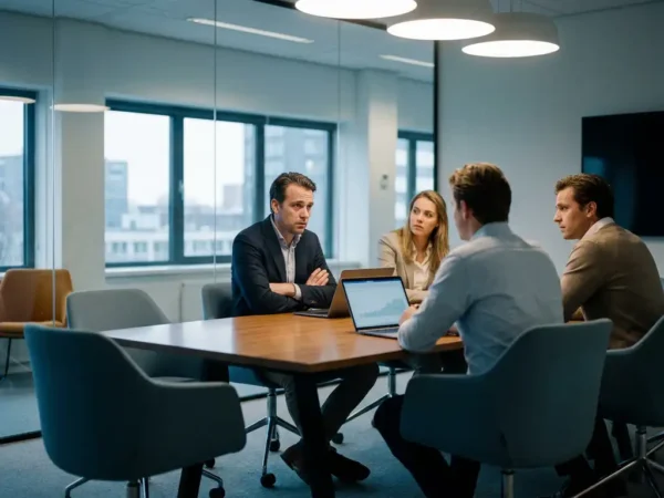 Gespannen teamvergadering in modern kantoor, professional zit apart met gekruiste armen en starende blik op laptop terwijl collega's onzeker uitwisselen.