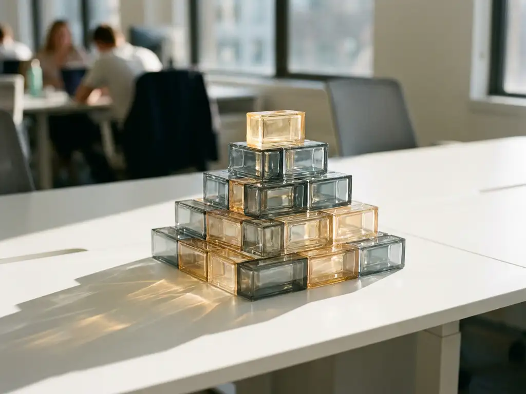 Glazen piramide van gestapelde blokken op wit bureau, met scherpe schaduwen en amber-grijze tinten in modern kantoor.