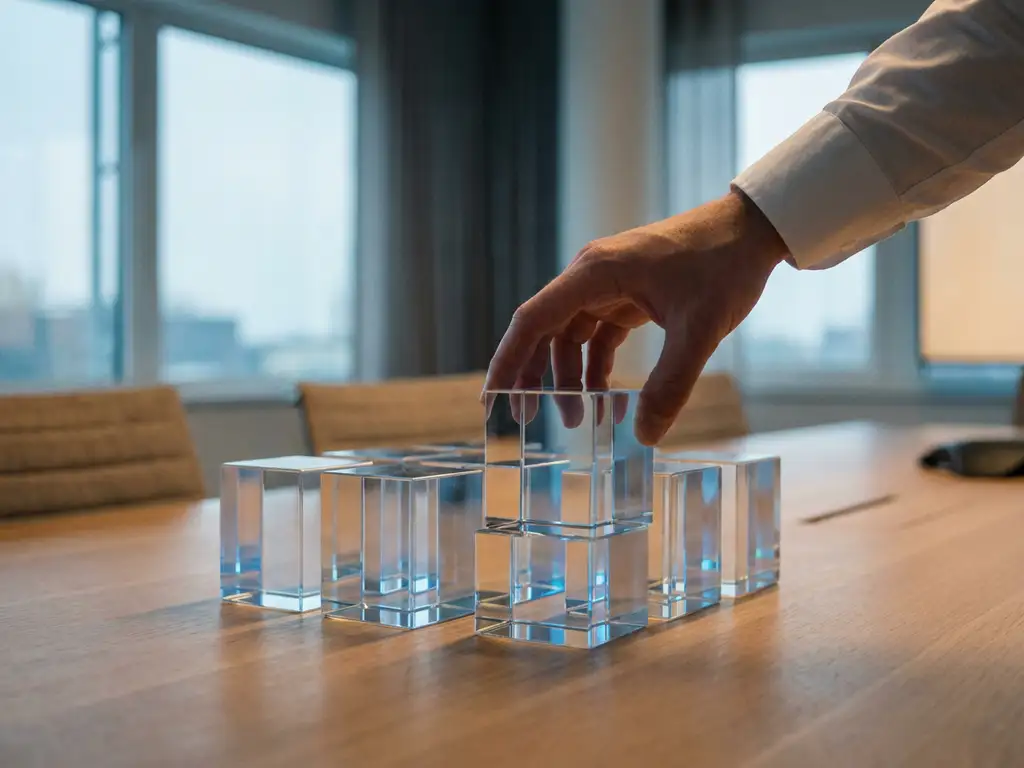 Hand die een glazen datakubus uitlijnt in een symmetrisch raster op een vergadertafel in een modern Nederlands kantoor.