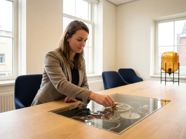 Professional in modern kantoor die glazen paneel optilt, mechanische bedieningselementen onthuld, eiken werkblad, daglicht.