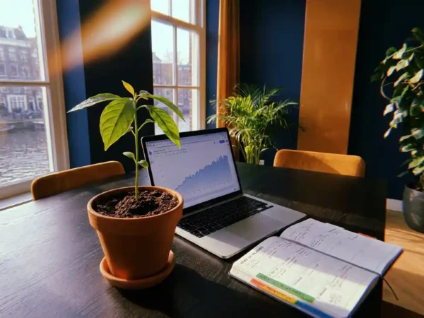 Groen zaailing in aarde naast laptop en weekplanner op kantoorbureau, warm middaglicht door grote ramen.