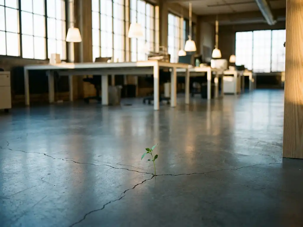 Klein groen plantje dat opgroeit uit een gebarsten betonvloer in een modern kantoor met witte bureaus en warme hanglampen op de achtergrond.