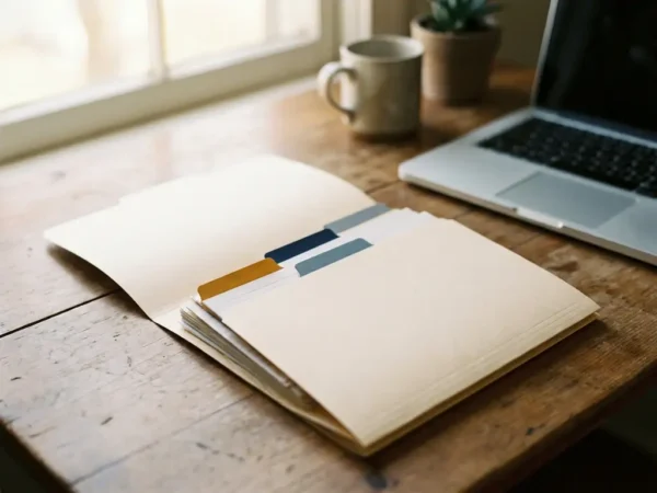 Houten bureau met open dossiermappen en gekleurde tabkaartjes in amber, marineblauw en grijs, met laptop op de achtergrond in zacht ochtendlicht.