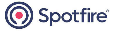 Spotfire-logo met donkerblauwe woordmerk en rond icoon met concentrische cirkels en roze middelpunt.