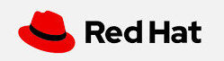 Logo van Red Hat: rode fedora met zwarte band naast de tekst ‘Red Hat’.