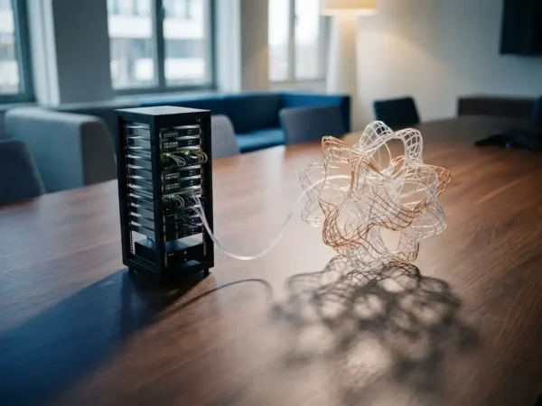 Miniatuur IT-serverrack en transparant AI-neuraal meshsculptuur naast elkaar op een vergadertafel, symboliseert hybride IT-governance.