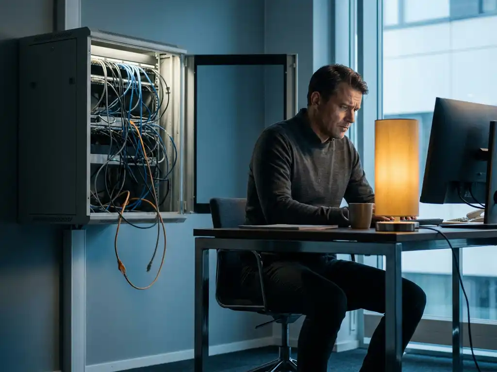 IT-manager aan modern bureau met open serverrack en loszittende kabel op de achtergrond, verlicht door een amberkleurige bureaulamp.
