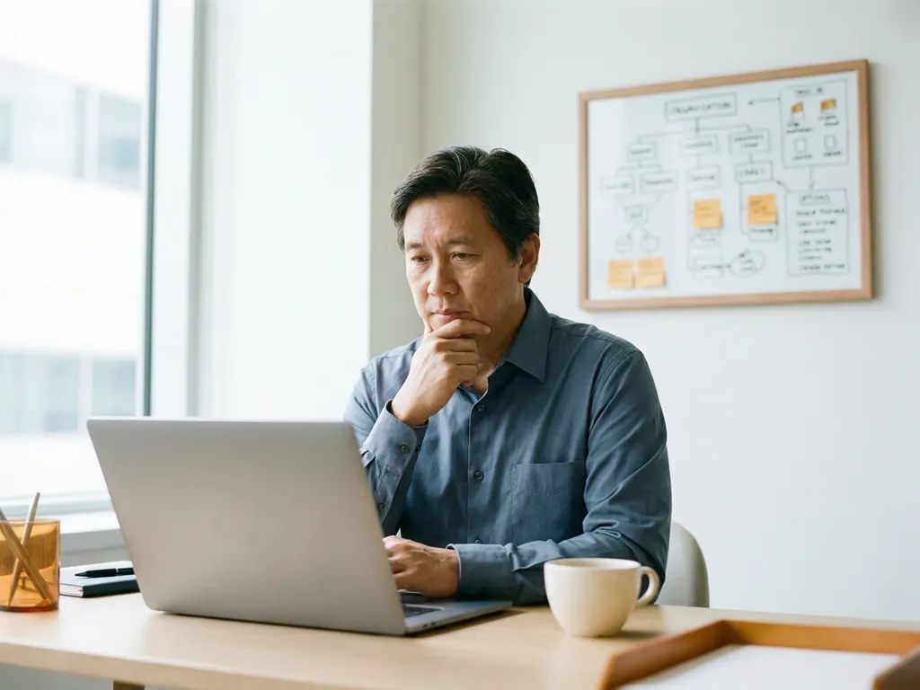 IT-manager denkt na achter laptop in modern Nederlands kantoor met strategisch whiteboard op de achtergrond.