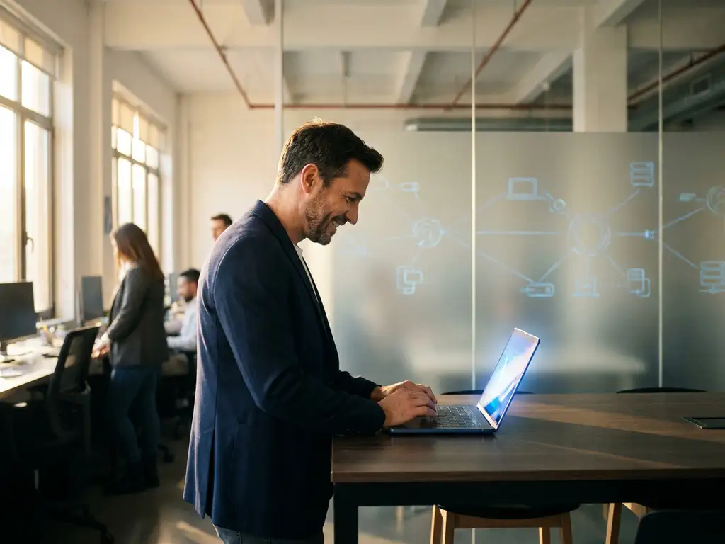 IT-manager bekijkt laptopscherm aan modern bureau in open kantoor met netwerkdiagrammen op glazen wand.