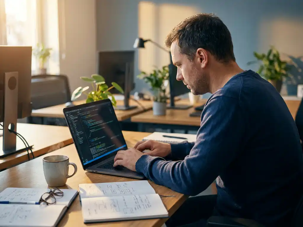 IT-professional bestudeert laptopscherm aan modern bureau met technische notitieboeken en koffie in kantooromgeving.