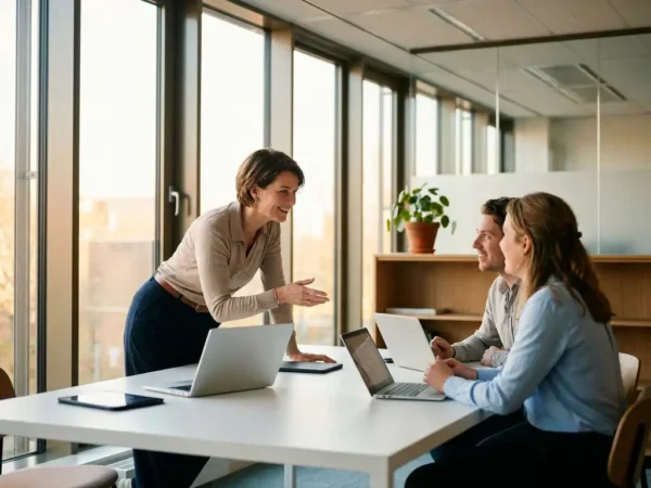 IT-professional leunt naar collega's tijdens een geanimeerde samenwerking aan een wit bureau in een modern Nederlands kantoor met daglicht.