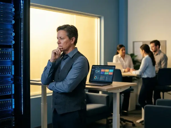 IT-professional staat nadenkend naast een serverrack in een modern open kantoor, laptop met dashboards op staand bureau op de achtergrond.
