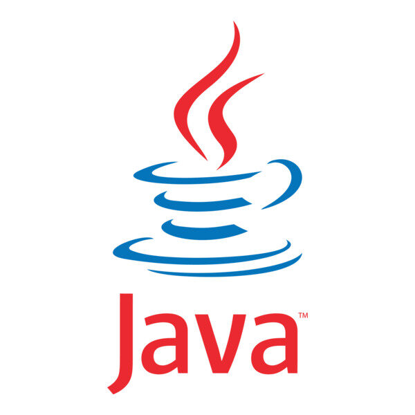 Het Java-logo met rode stoom boven een gestileerde blauwe koffiekop en het woord Java in rood.