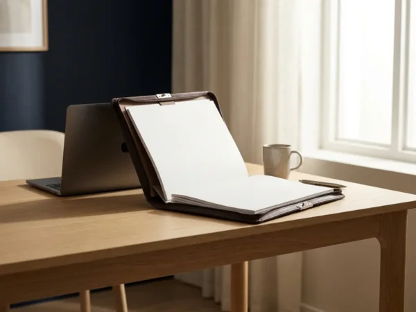 Opengevouwen leren documentmap met witte pagina's op modern kantoorbureau, laptop op de achtergrond, zacht natuurlijk zijlicht.