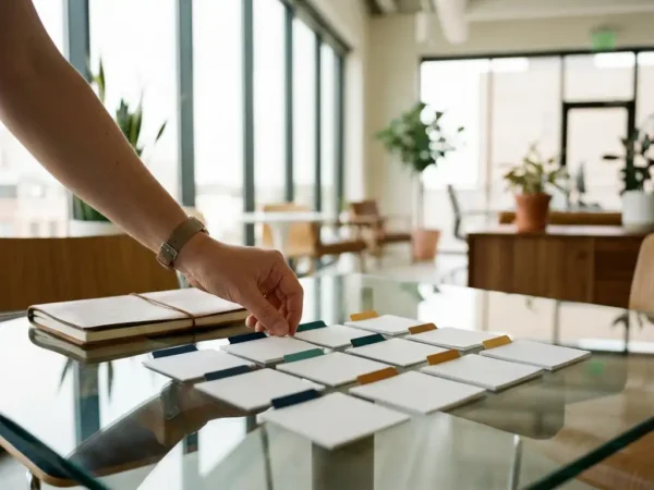 Hand die witte indexkaarten met gekleurde tabs in marine, teal en amber zorgvuldig uitlijnt op een glazen bureau bij een open leren notitieboek.