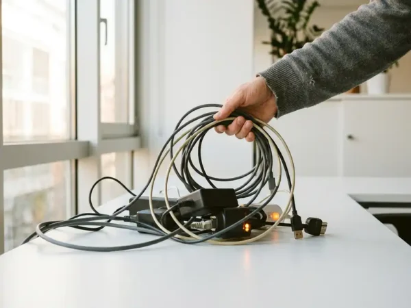 Hand ordent wirwar van stroomkabels en laadadapters op minimalistisch modern bureau met zachte natuurlijke belichting.