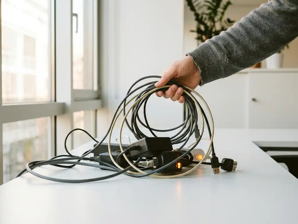 Hand ordent wirwar van stroomkabels en laadadapters op minimalistisch modern bureau met zachte natuurlijke belichting.