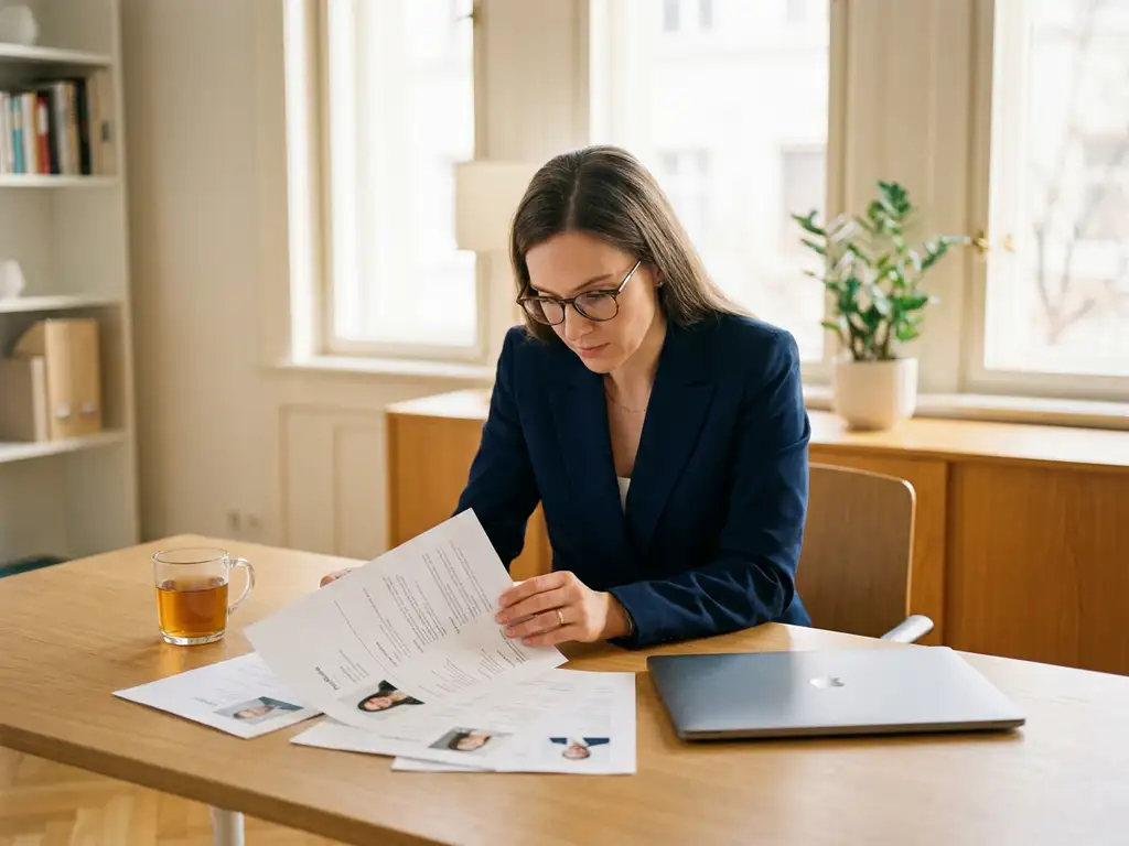 Professional bekijkt een selectie kandidatenprofielen op een modern bureau met laptop en warm natuurlijk licht.