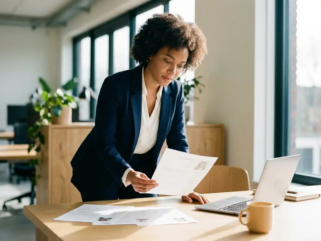 Recruiter bekijkt kandidatenprofielen op een modern bureau in een Nederlands kantoor met warm natuurlijk licht.