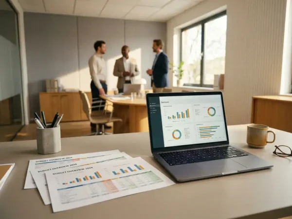 Nette kantoorwerkplek met budgetdocumenten en laptop, professionals op de achtergrond, warm natuurlijk licht.
