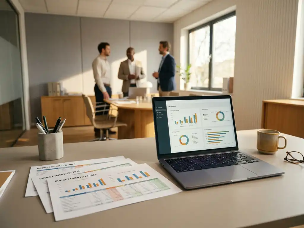 Nette kantoorwerkplek met budgetdocumenten en laptop, professionals op de achtergrond, warm natuurlijk licht.