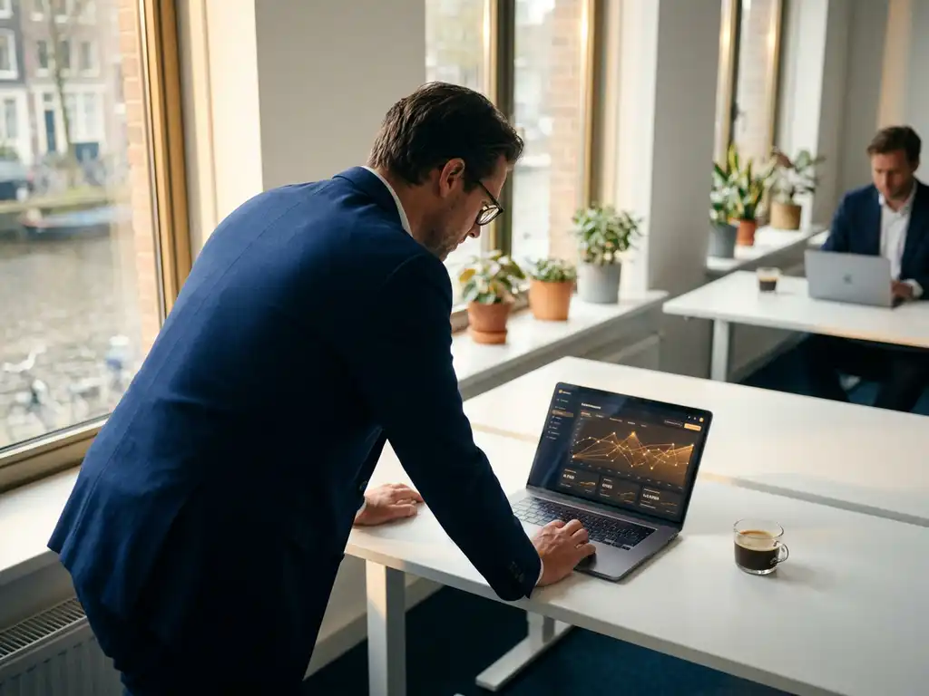Professional bekijkt datavisualisaties op laptop aan wit bureau in modern Nederlands kantoor, warm zijlicht.