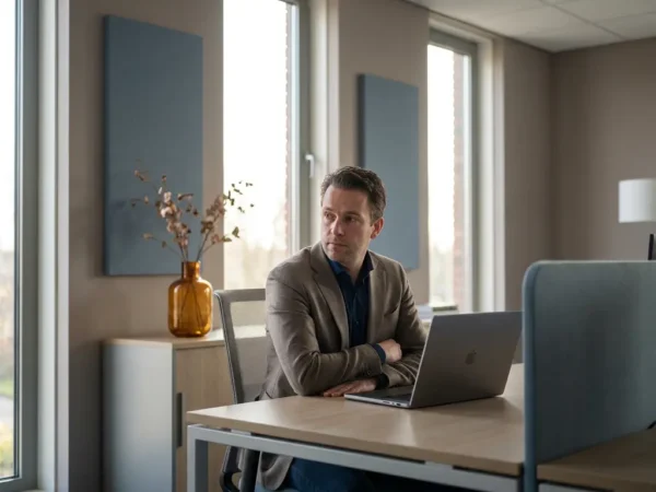 Professional met gekruiste armen voor laptop in modern Nederlands kantoor, terughoudende uitdrukking, zacht middaglicht door grote ramen.