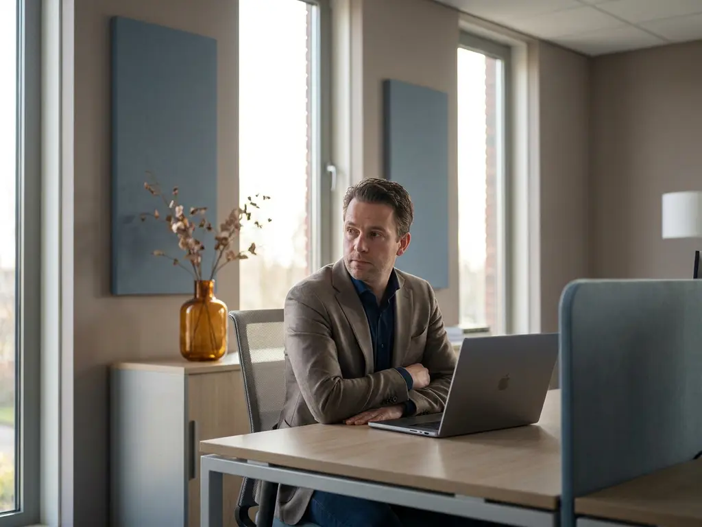 Professional met gekruiste armen voor laptop in modern Nederlands kantoor, terughoudende uitdrukking, zacht middaglicht door grote ramen.