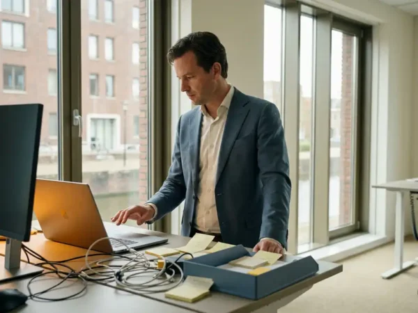 Professional aan modern bureau met laptop, omringd door verstrengelde kabels en plakbriefjes, groot raam met natuurlijk daglicht in Nederlands kantoor.