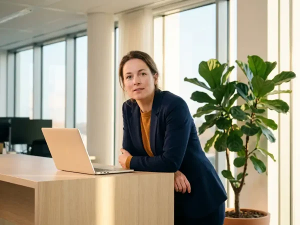 Professional leunt nieuwsgierig naar laptop op modern Nederlands kantoor, ochtendlicht door grote ramen, groene plant op achtergrond.