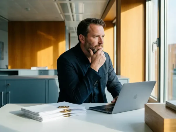 Professional in modern Nederlands kantoor pauzeert bij laptop, tandwielen verweven in documenten op bureau, warm gouden licht.