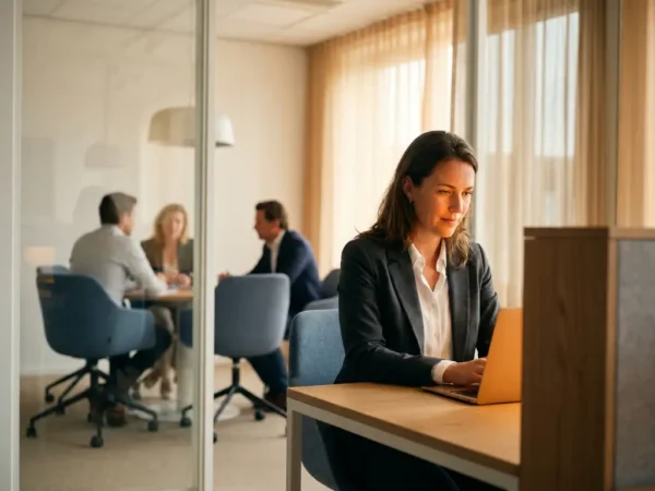 Professional in blazer bekijkt laptop op minimalistisch bureau; collega's zichtbaar door glazen wand in modern Nederlands kantoor.