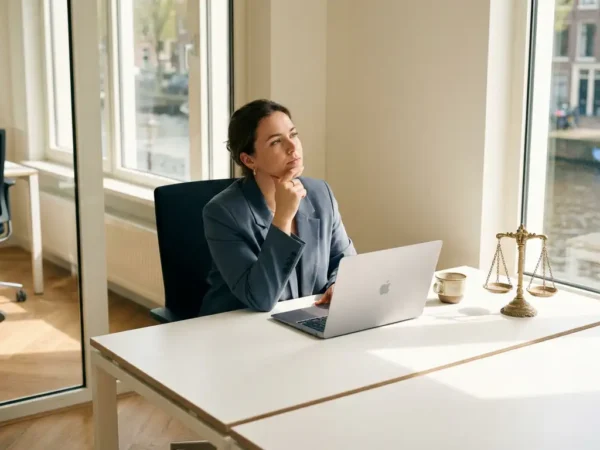 Professional in modern kantoor pauzeert peinzend bij laptop, met kleine weegschaal en koffiekop op bureau, warm natuurlijk licht.